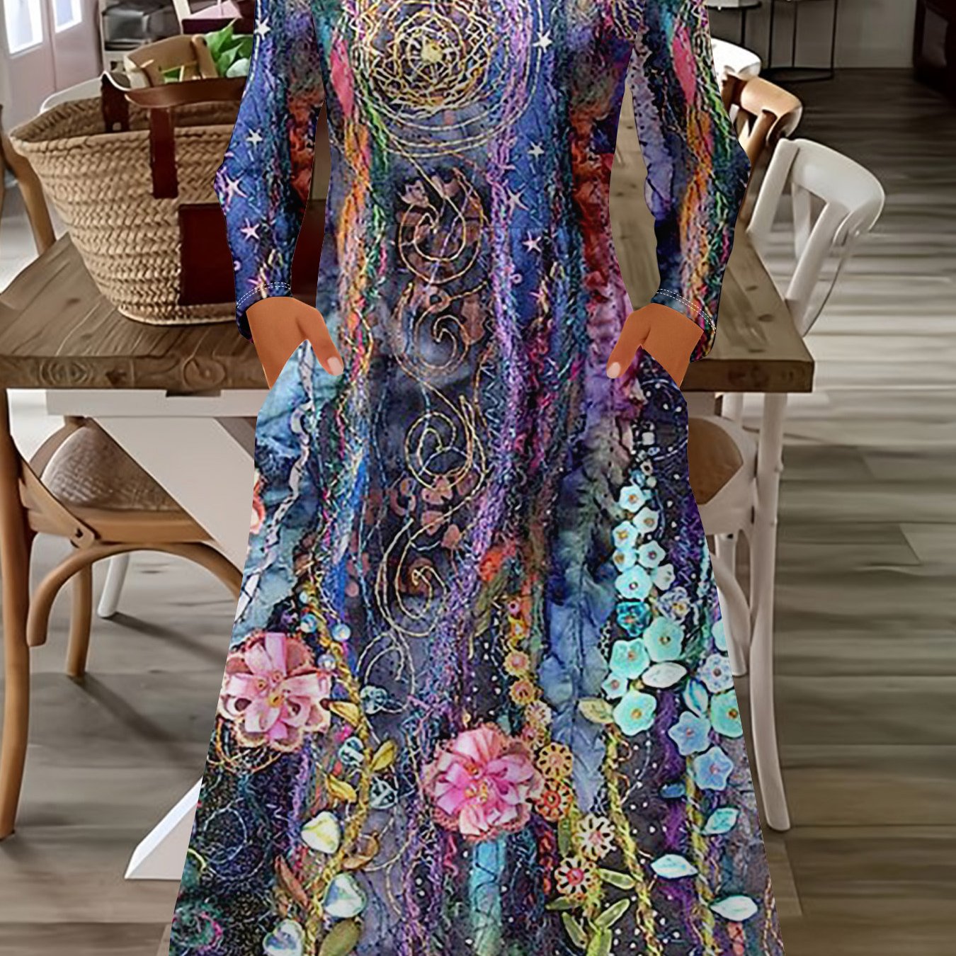TEMU Plus Size - Plus Size - European And V-neck Long Sleeve Pocket Long Dress 446