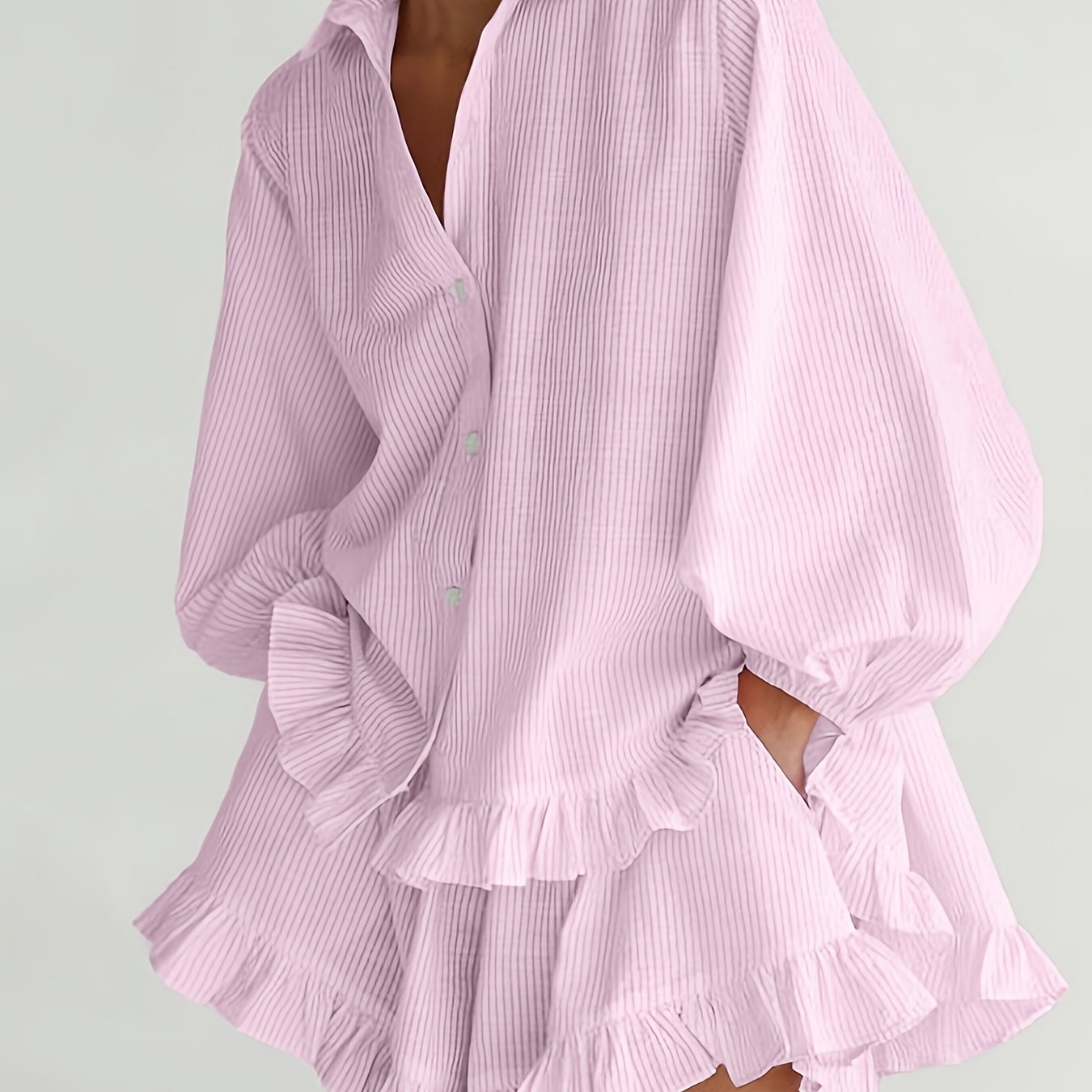 Image of Spring/summer/autumn Women's Casual Shirt Set, Cute Loose-fit Comfortable Striped Pocket Shorts + Ruffle-trimmed Shirt