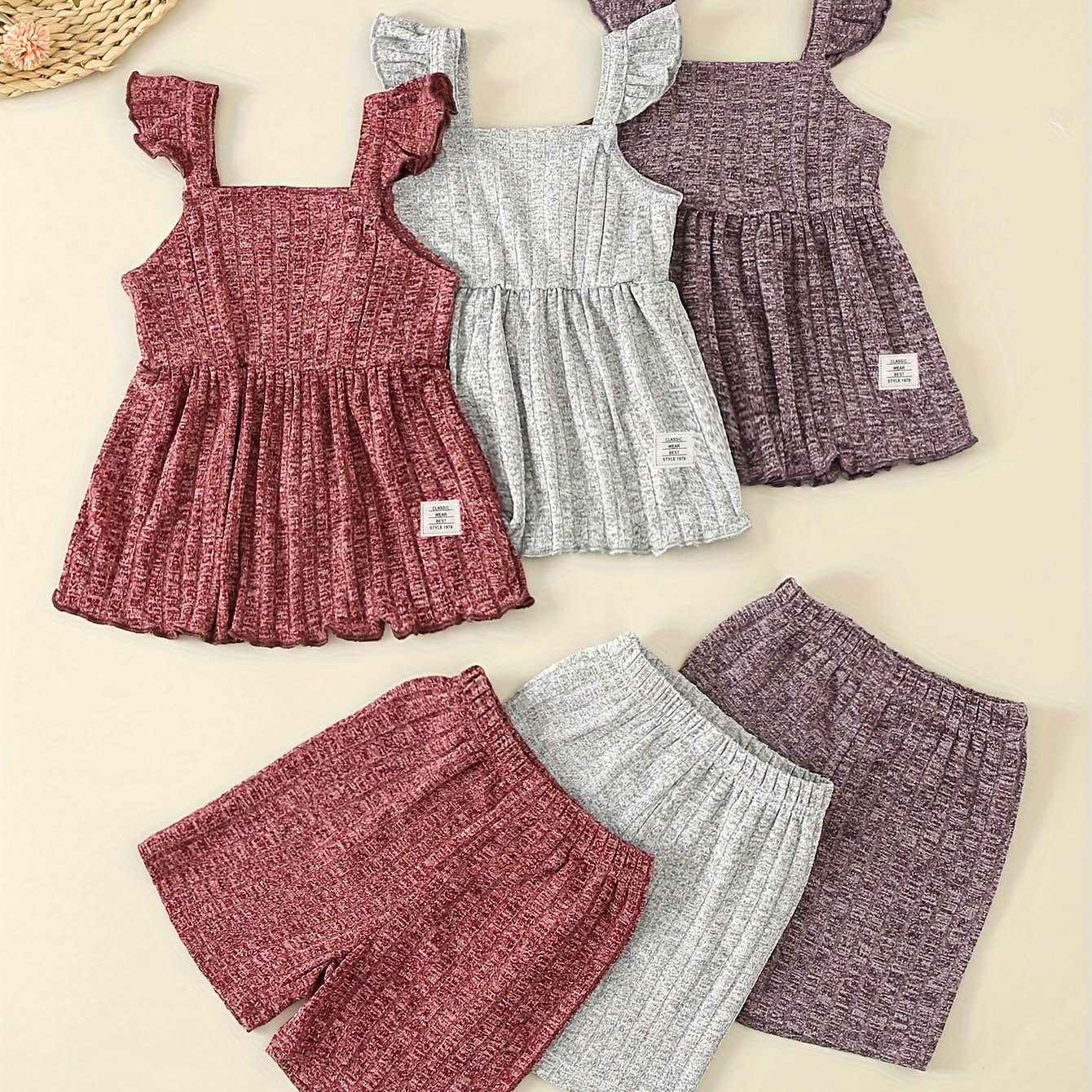 Image of Girls' Set Ruffle Flutter Sleeve Camisole Dress Top & Shorts, Perfect For Outdoor
