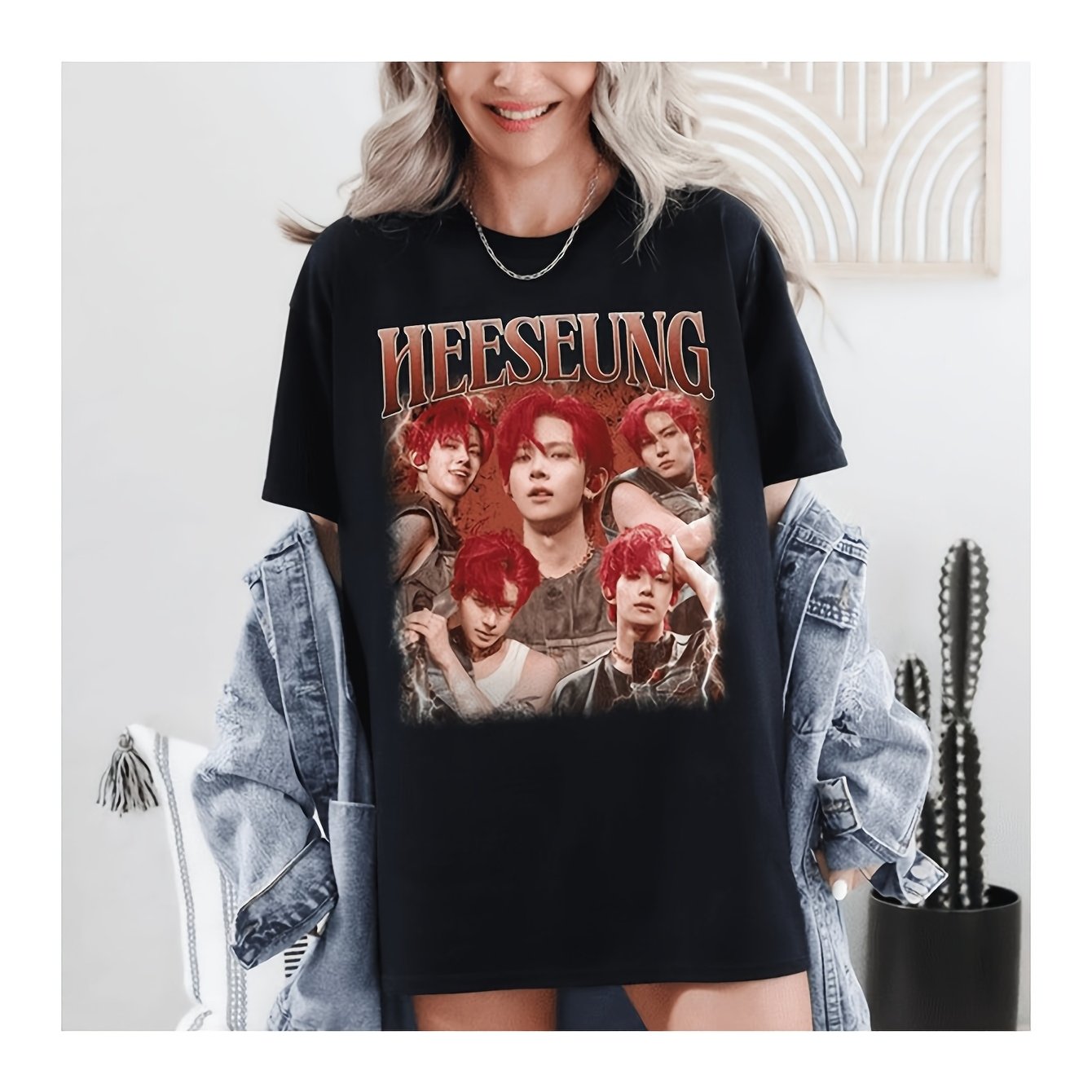 Image of En Enh- Heeseung Vintage Graphic T-shirt | Retro Kpop Unisex Fan Tee Tops, Casual Crew Neck, Stretch Fabric, Regular Fit, Print Pattern, Perfect For Men, Kawaii Clothes, Dad Gifts