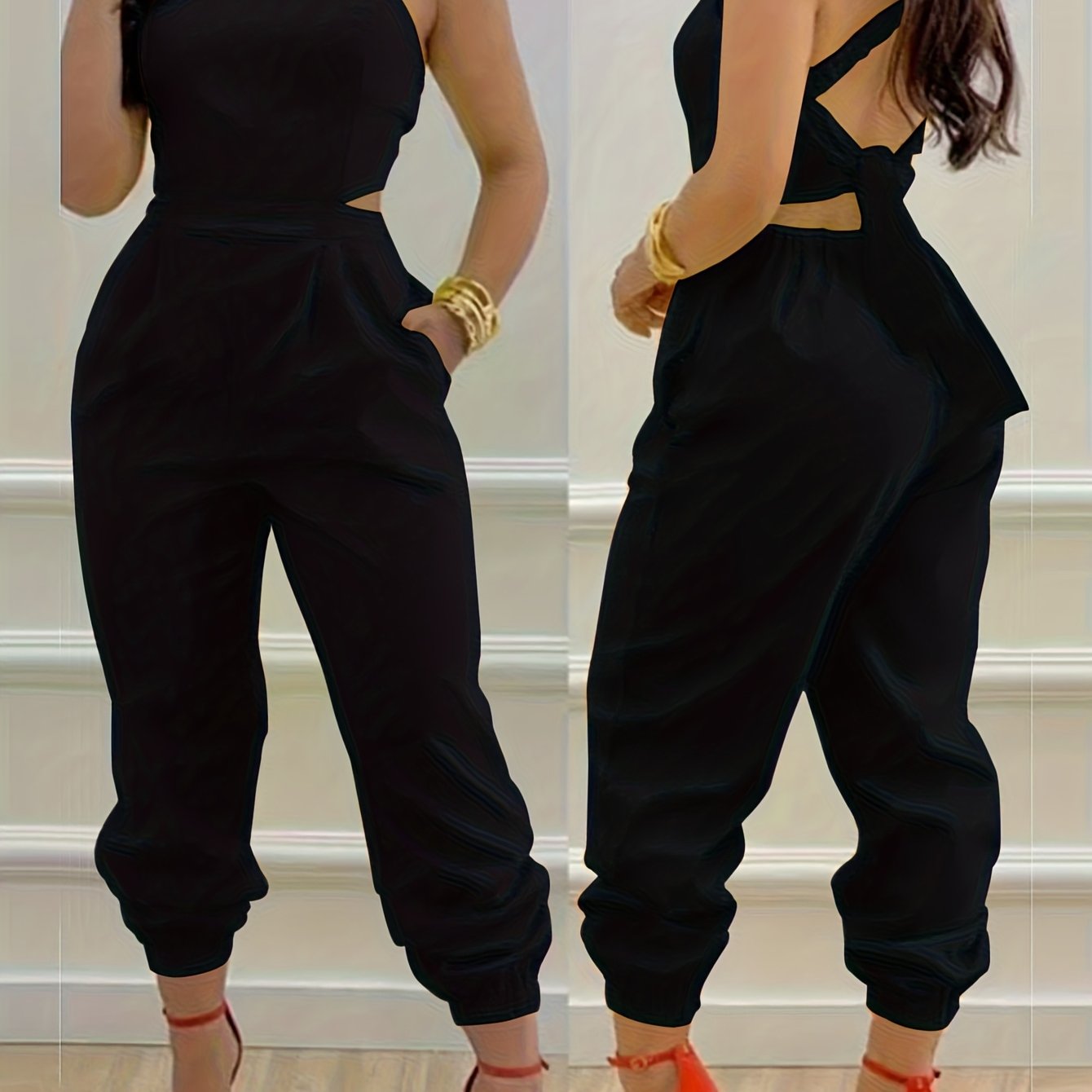TEMU Elegant Backless Cross Sleeveless Jumpsuit For Women | Summer Solid Color, Square Neck, Fashionable And Versatile