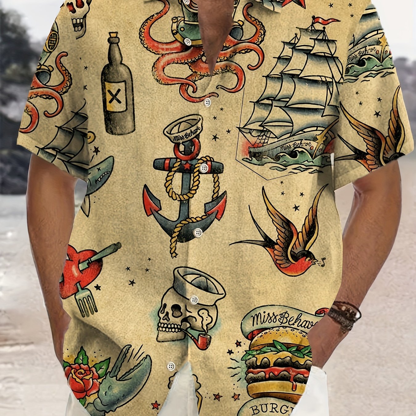 TEMU Vintage Hawaiian Sailboat Skull Beer Anchor Tattoo Print Men's Plus Size Button Pocket Short-sleeve Shirt