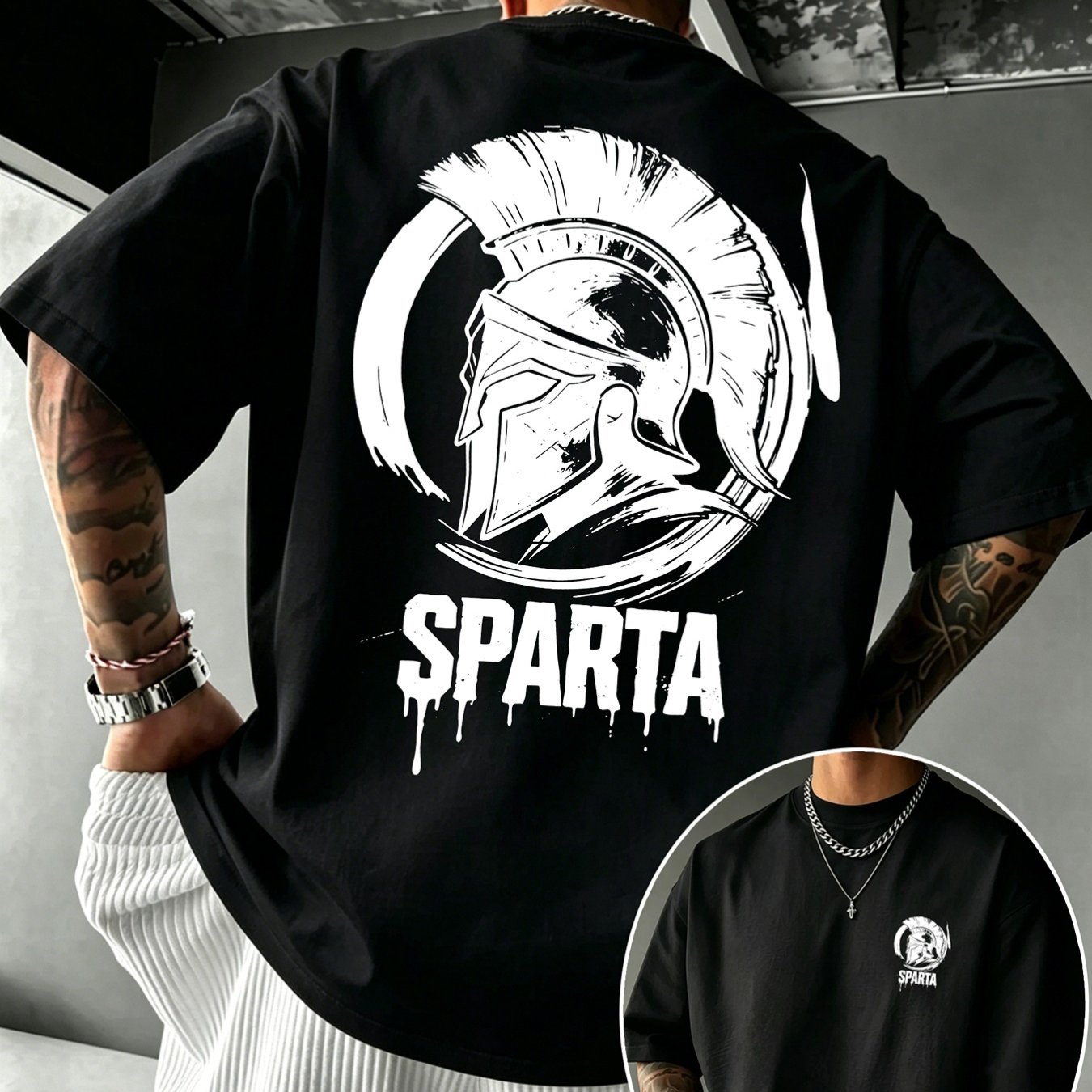 Image of Men's 100% T-shirt, Spartan Helmet Print, Comfortable And Breathable, Casual Daily Wear, Plus Size