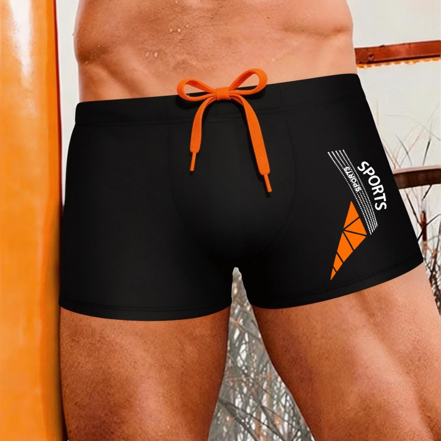 Sports Letter Print Pattern Men's Black Elastic Swim Trunks Breathable Comfortable Drawstring Sports Pants