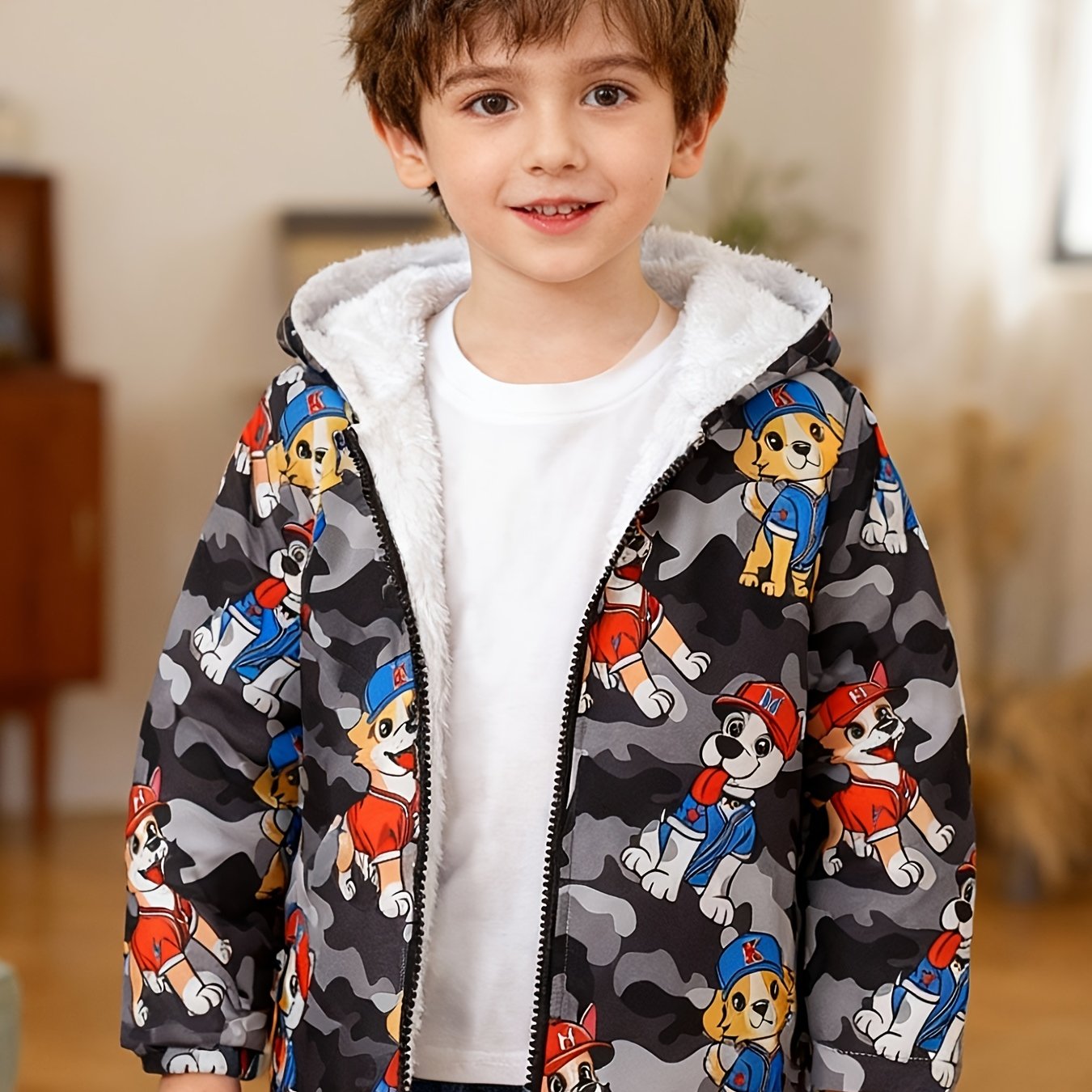 Image of Boys' Fleece Thickened Hooded Sweatshirt, Full Print Animal Puppy Pattern Fashion Top For Spring/autumn