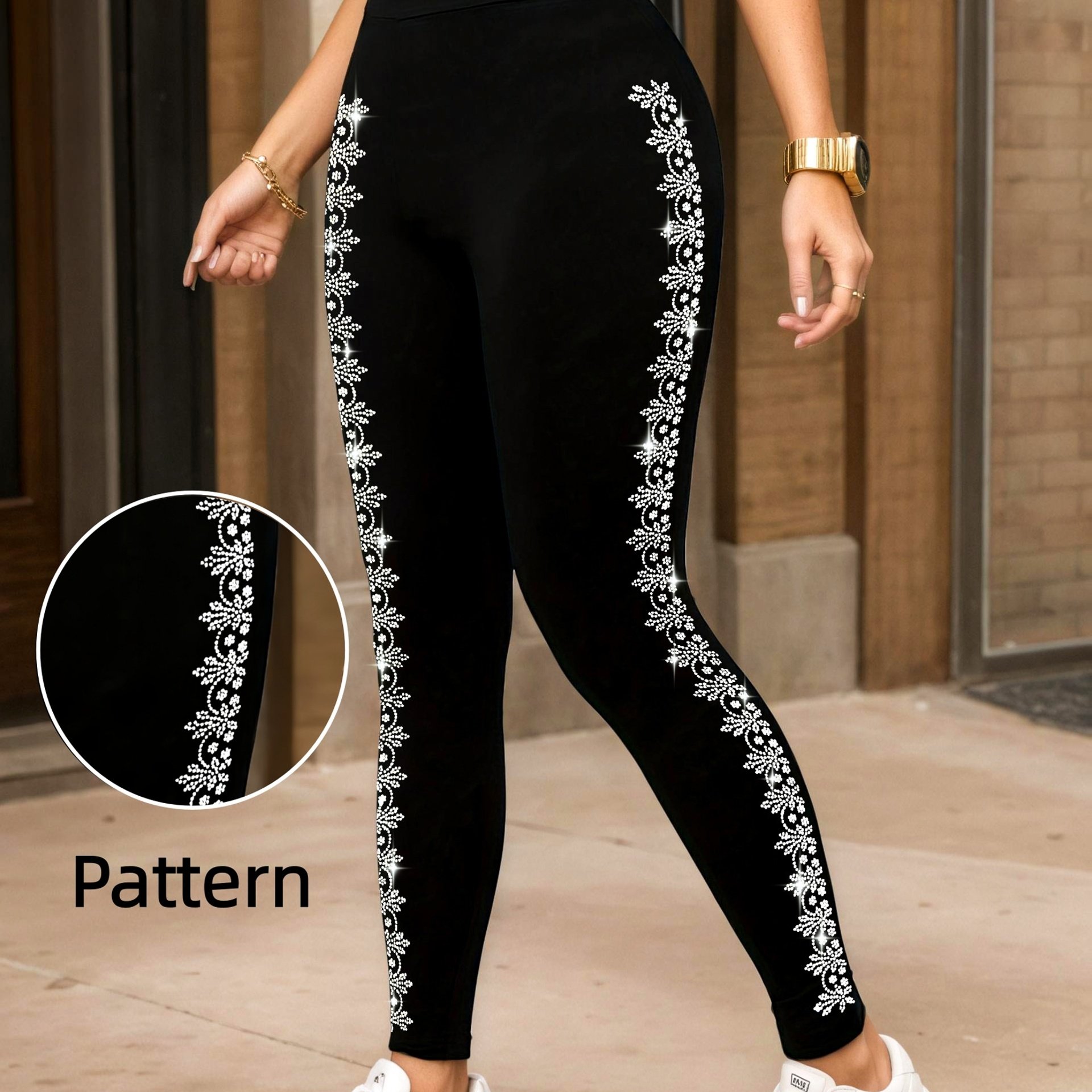 TEMU Women's High-waist Rhinestone Sparkle Lace Leggings - Slim-fit Tights With Full Side Lace Panel, High-elasticity Pants For Party, Dance, For -