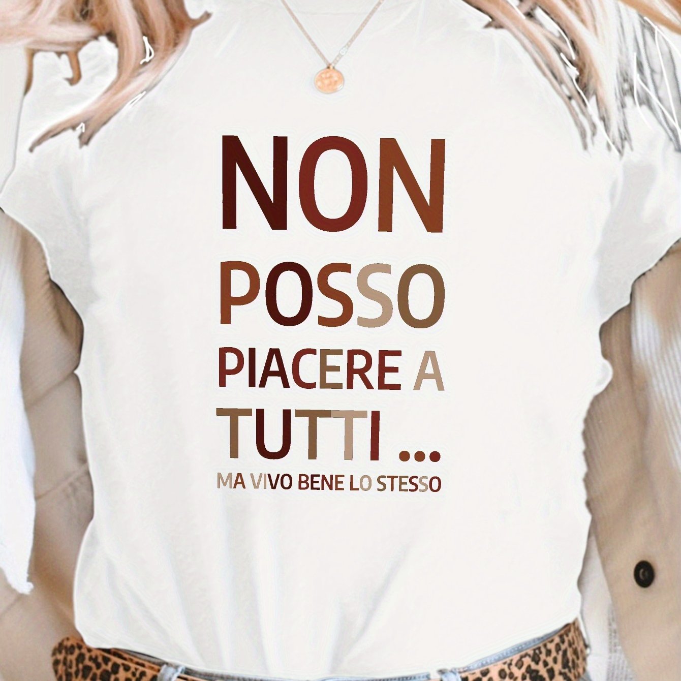 TEMU Italian Happiness Print T-shirt, Short Sleeve Crew Neck Casual Top For Summer & Spring, Women's Clothing