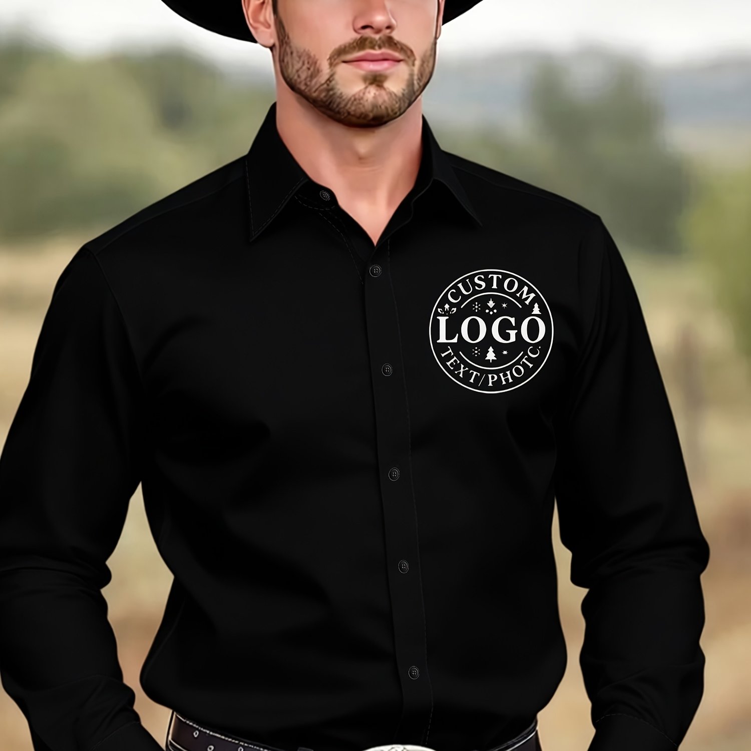 TEMU Western Cowboy Style Men's Custom Shirt, Vintage Print Logo, Business Casual Long Sleeve Shirt, Customizable Logo Team Workwear