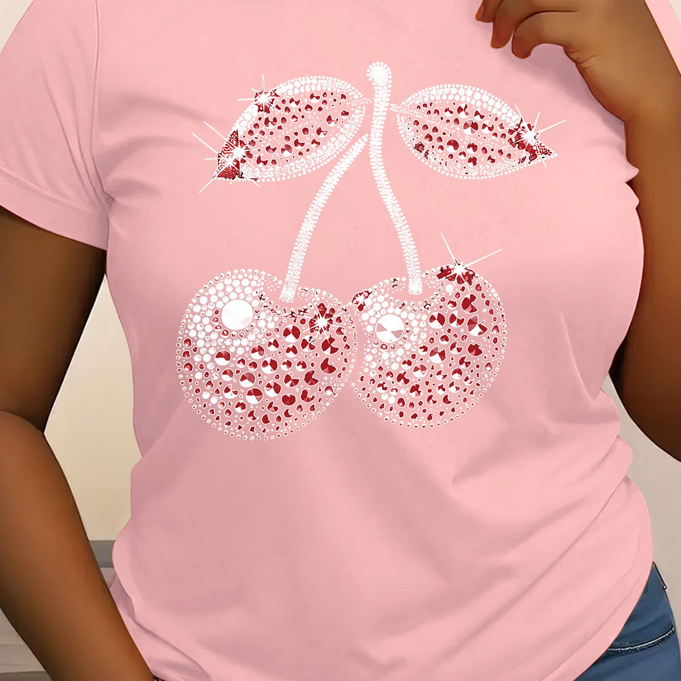 TEMU Creative Cartoon Flash Diamond Cherry Geometric Print T-shirt, Short-sleeved Crew Neck Casual Jacket , Women's Wear