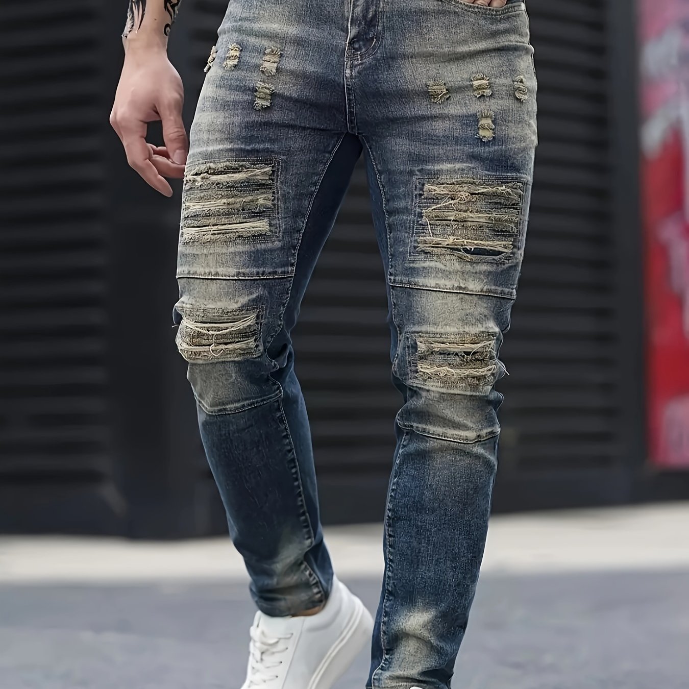 TEMU Slim-fit Stretch Jeans With Distressed Ripped - ,