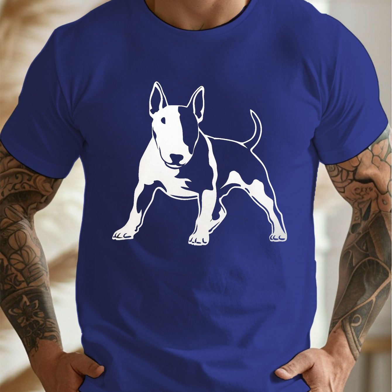 TEMU Men's Bull Terrier Silhouette Graphic Tee - Casual Crew Neck Short Sleeve T-shirt, Lightweight & Comfy For Summer