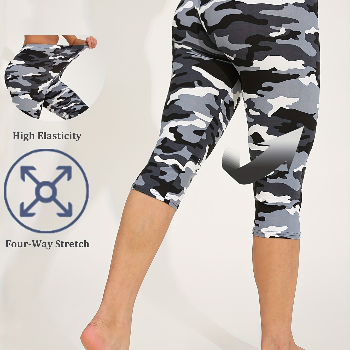 Elegant Fashion Summer Camouflage Pattern Women's Capri Leggings, Fabric Mid-calf -point Yoga Pants, Casual Stretched Sports Style Suitable For Summer Wear
