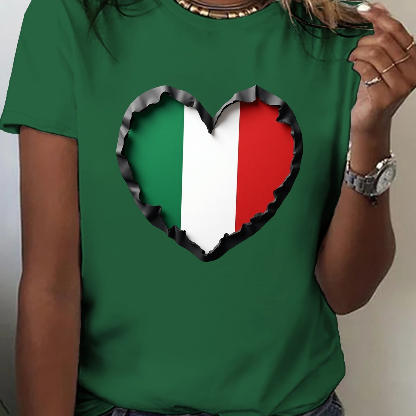 TEMU Heart With Italian Flag Print T-shirt, Short Sleeve Crew Neck Casual Top For Summer & Spring, Women's Clothing