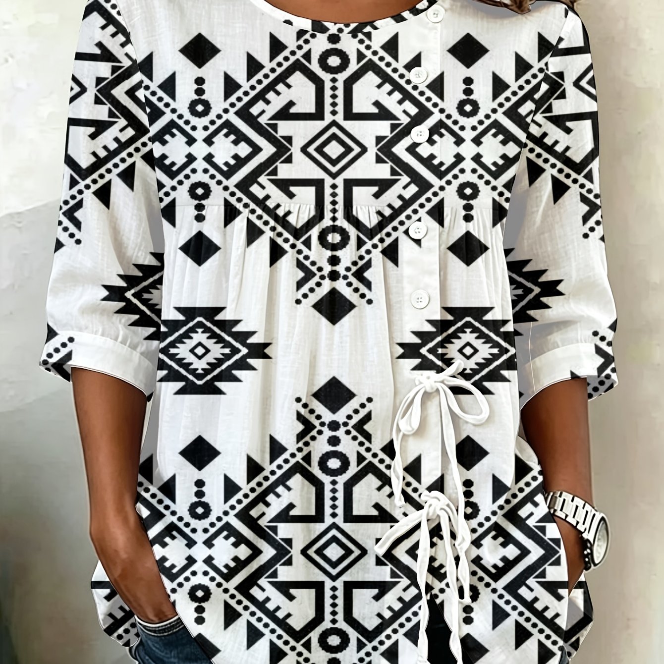 TEMU Plus Size, Tribal Geometric Pattern Womens Plus Size Button Tie Shirt Oversized Extra Long Essential Spring Summer Trend Durable Casual Fashion