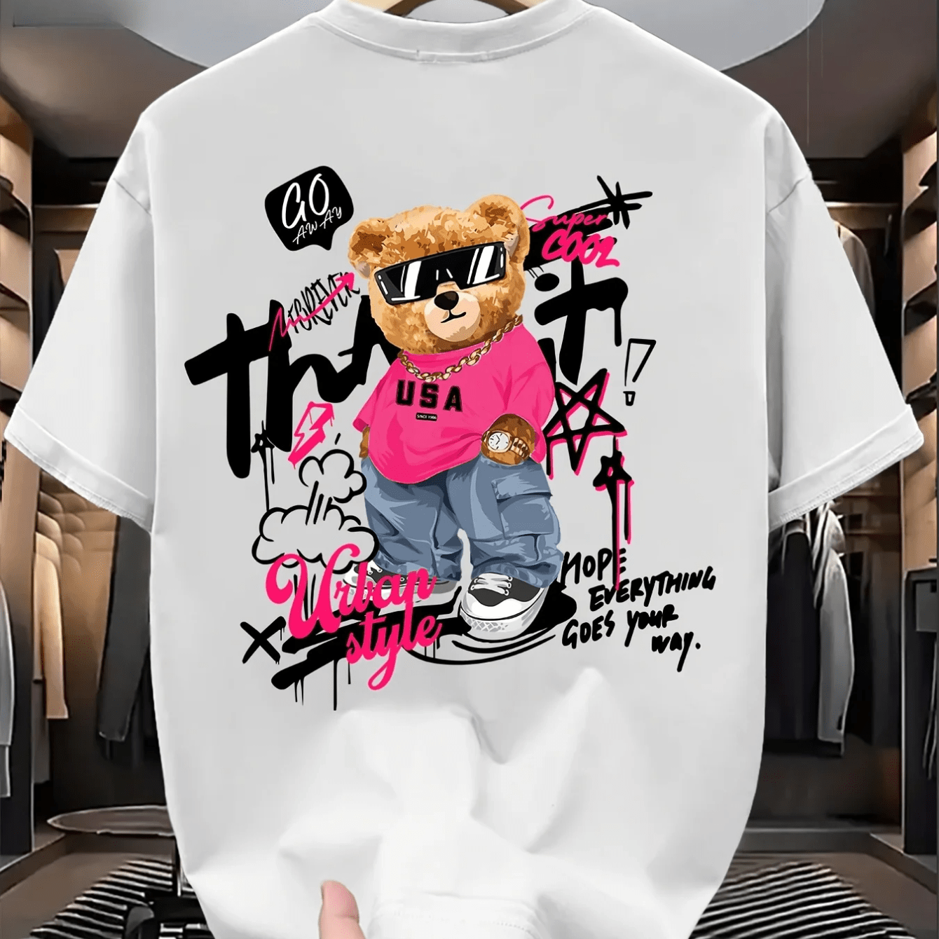 Plus Size Men's Trendy T-shirt Featuring A Cute Bear Print Perfect For Casual Outdoor Activities And Gatherings. Made From Sof Big And Tall, Plus Size