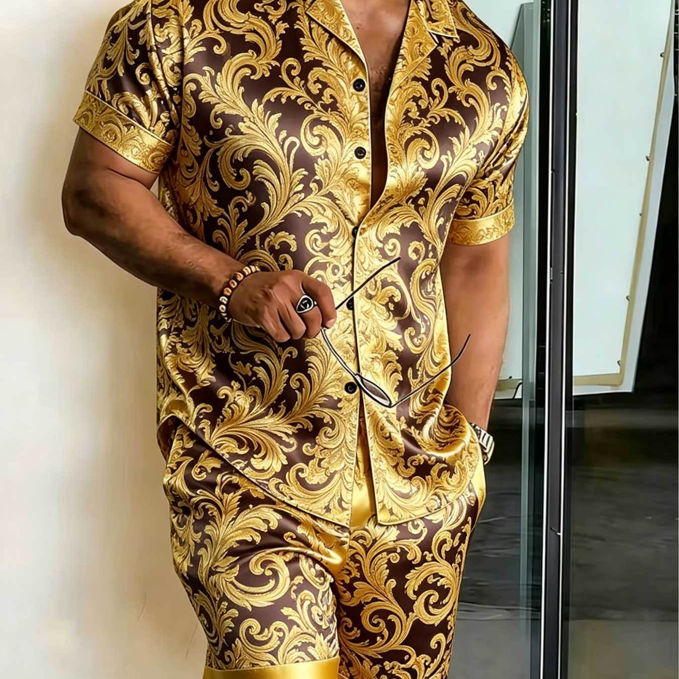 2pcs Set: Plus-size Men's Button- Short-sleeve Shirt And Shorts Set - Breathable And Comfortable, Perfect For And Occasions. Gift For Family, , Brothers, , Plus Size