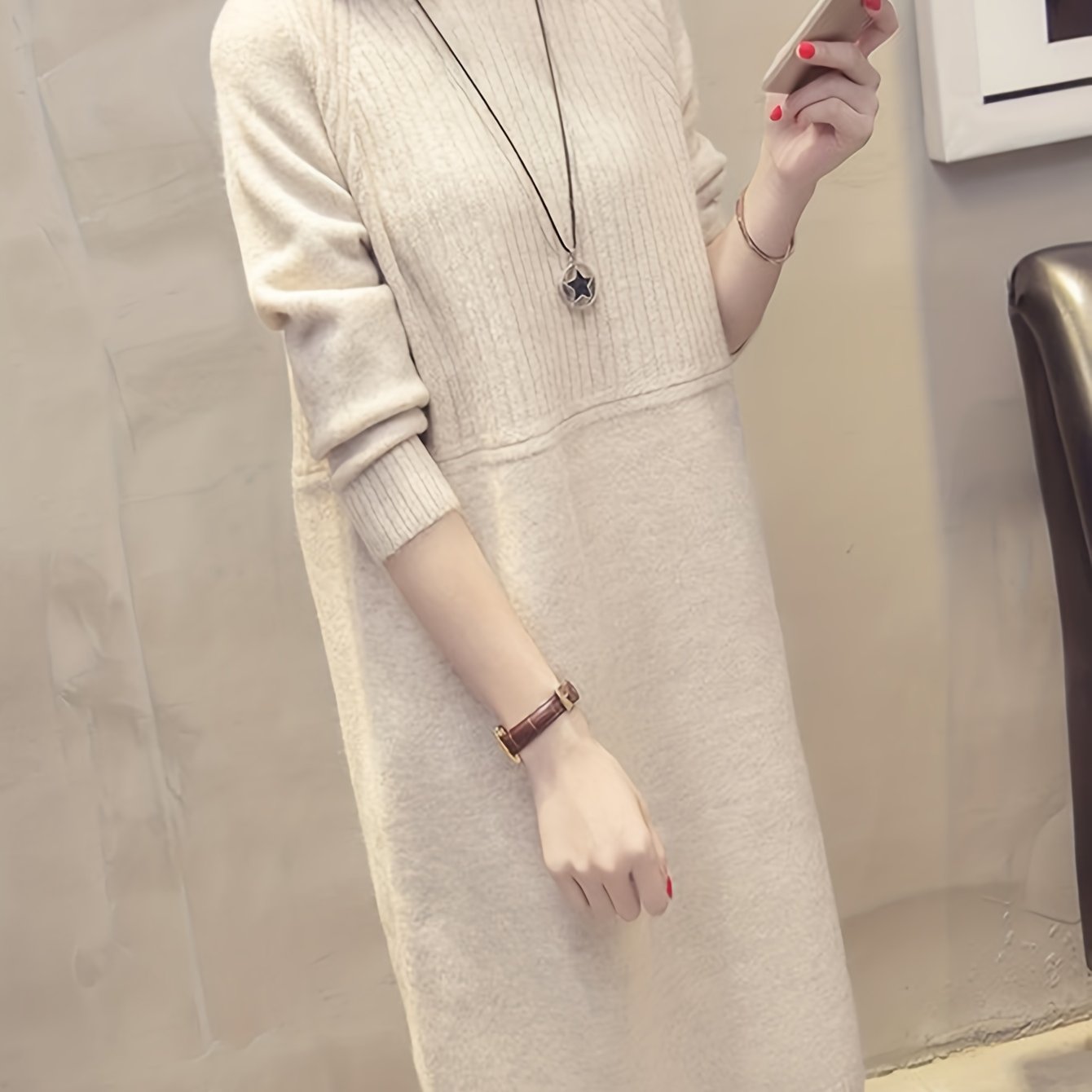 TEMU New 2024 Semi-high Collar Medium-length Sweater For Women, Autumn And Winter Loose Knit Dress With Long Sleeves