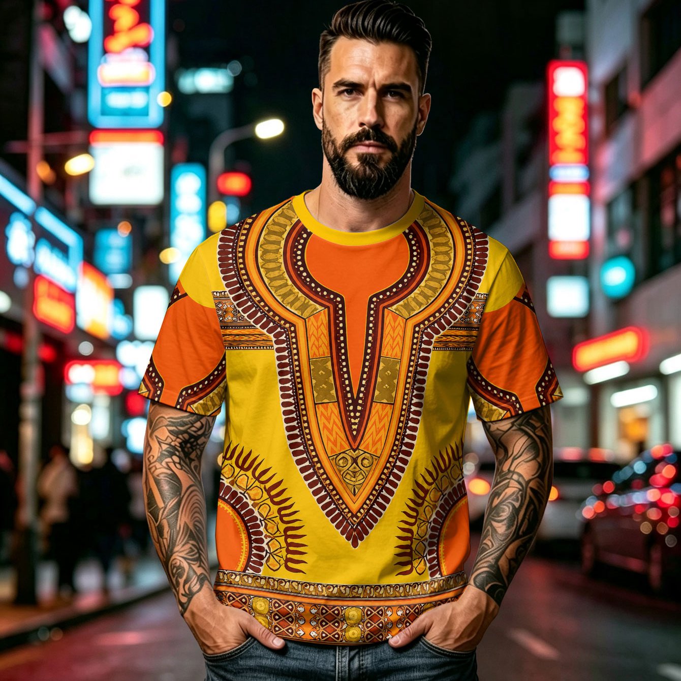 TEMU Men's Round Neck Short Sleeve African Ethnic Totem Print Polyester Fiber Breathable Quick-dry Retro Regular Fit Beach Vacation Party Outdoor