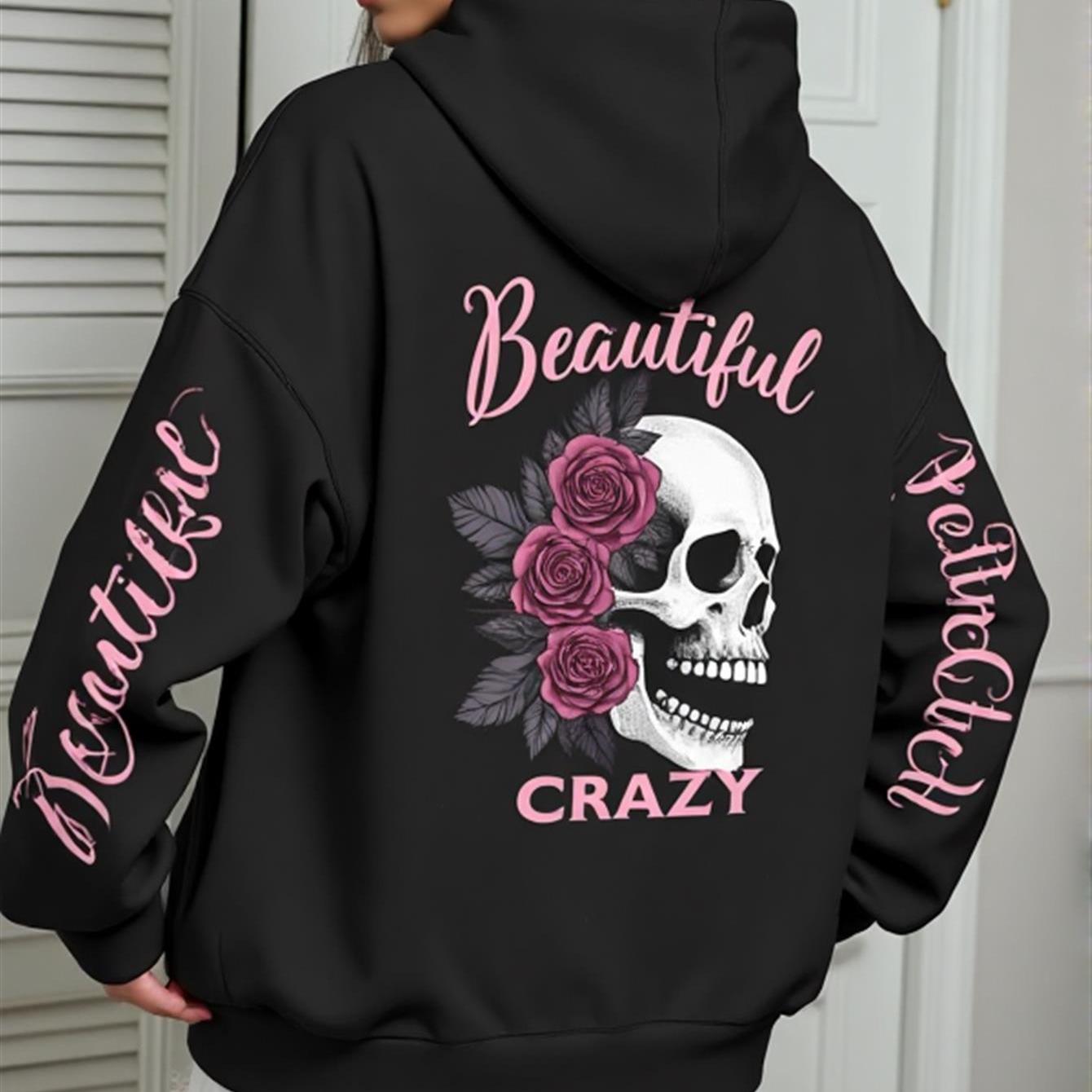 Image of A Trendy Hoodie Designed With Beautiful Crazy Skull And Rose Theme Woman's Hoodie High Quality Thickened Hoodie Suitable For Autumn And Winter Daily Wear Casual Gift For Who Love Edgy Fashion