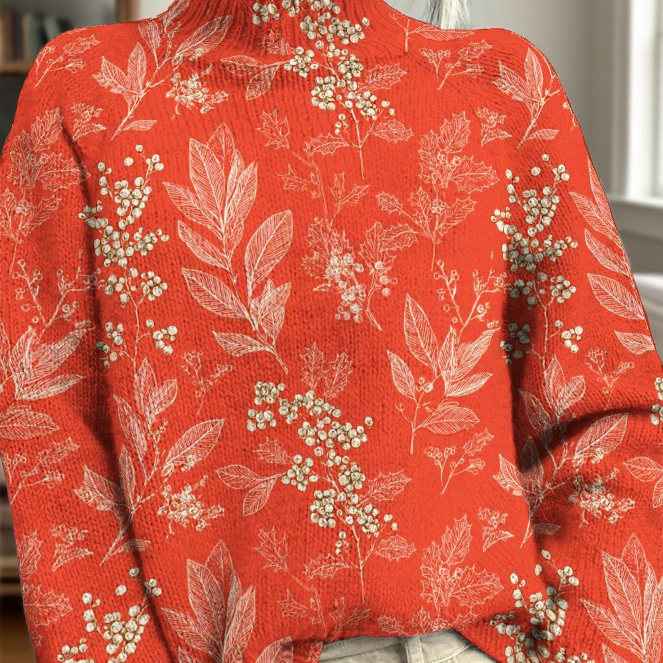 Faux Sweater, Women's Elegant High-neck Sweater- Floral Print Pullover Sweater With Red& Leaf Pattern, Cozy , Friendly, Long Sleeve Round Neckline, Casual& Office Wear, Soft Stretchy Fabric For Fall
