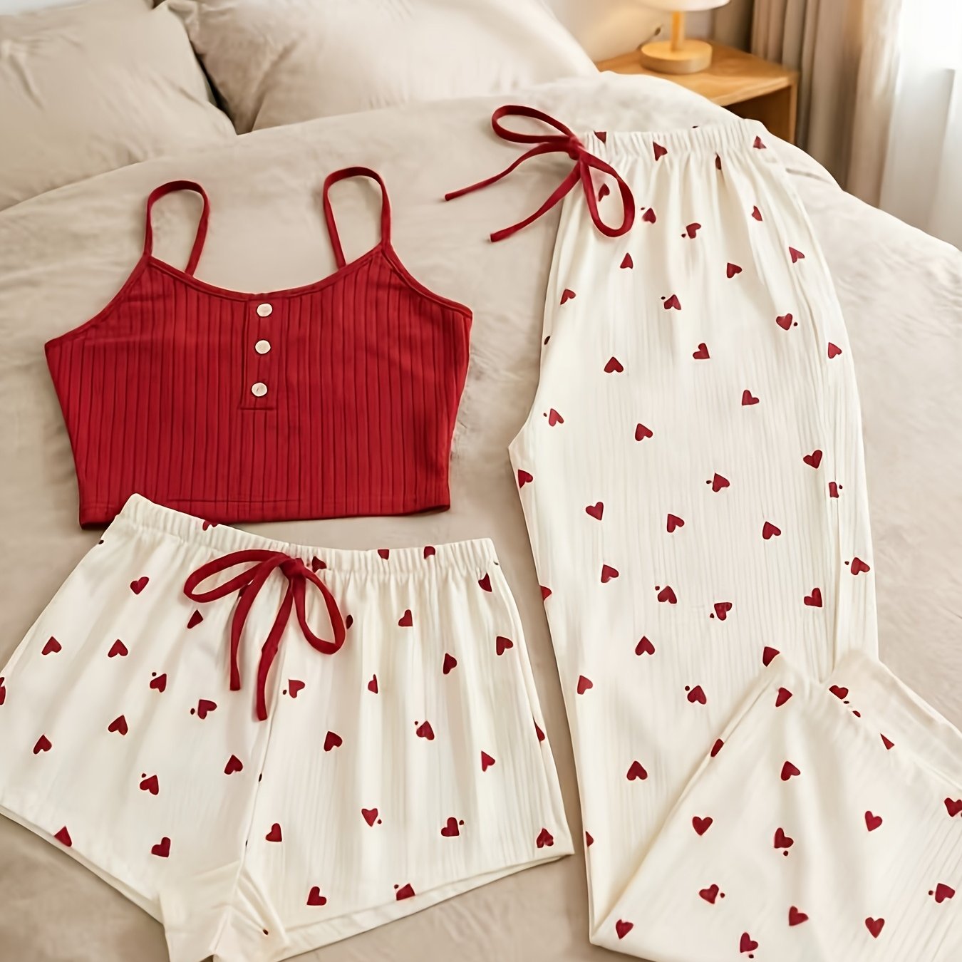 TEMU Trendy Heart Print 3pcs Pajama Set - Casual Cami, Shorts & Pants Loungewear For Sleep, Lounge & Daily Wear