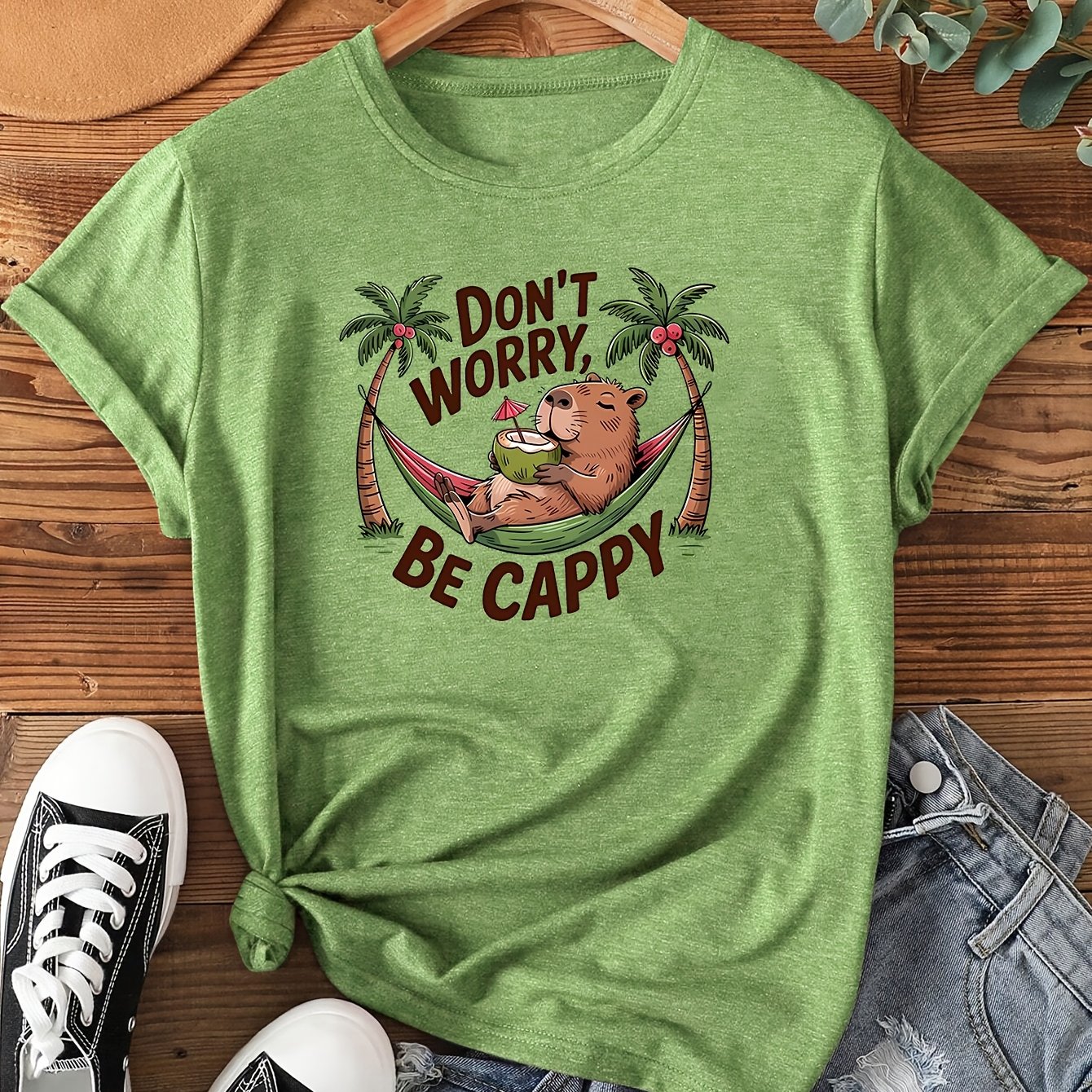 TEMU Women's "don't Worry Be Capybara" Short-sleeve T-shirt - Casual Capybara Print Round Neck Blouse, Spring Summer Casual Attire & Capybara-themed