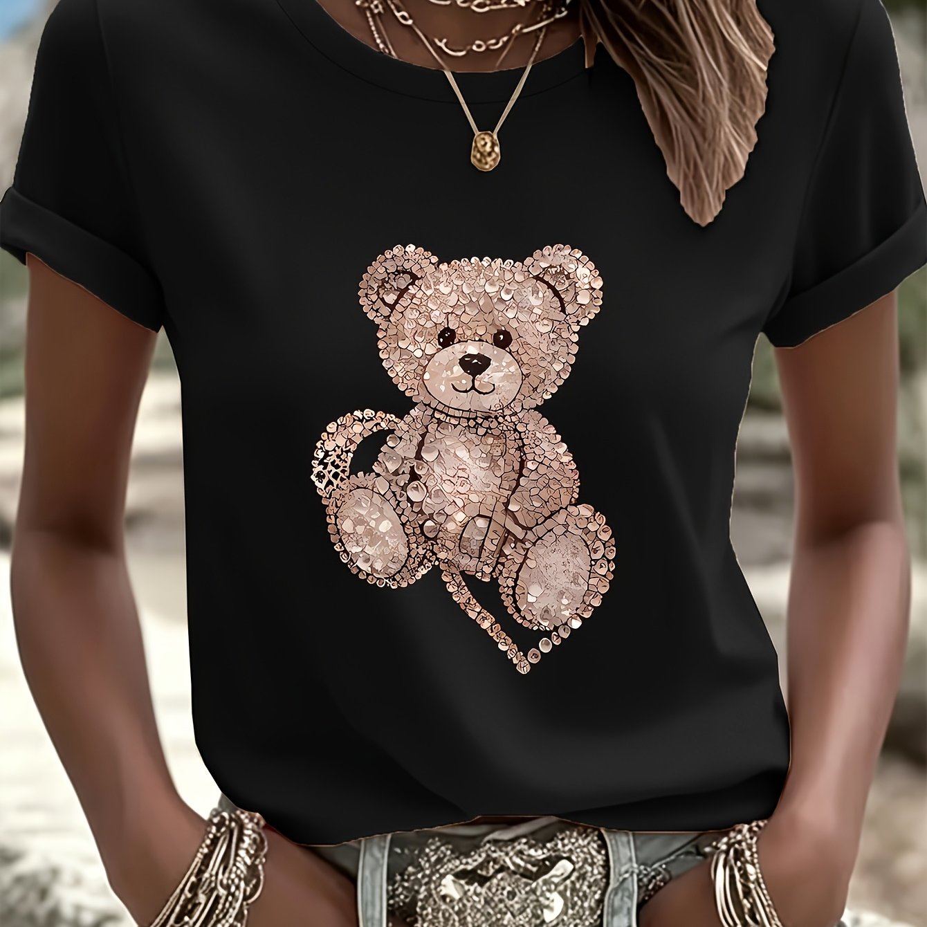 Cute Sparkling Rhinestone Teddy Bear Pattern Spring Summer 100% Cotton Men's And Women's T-shirt, Regular Fit Soft Breathable Top Summer Tee