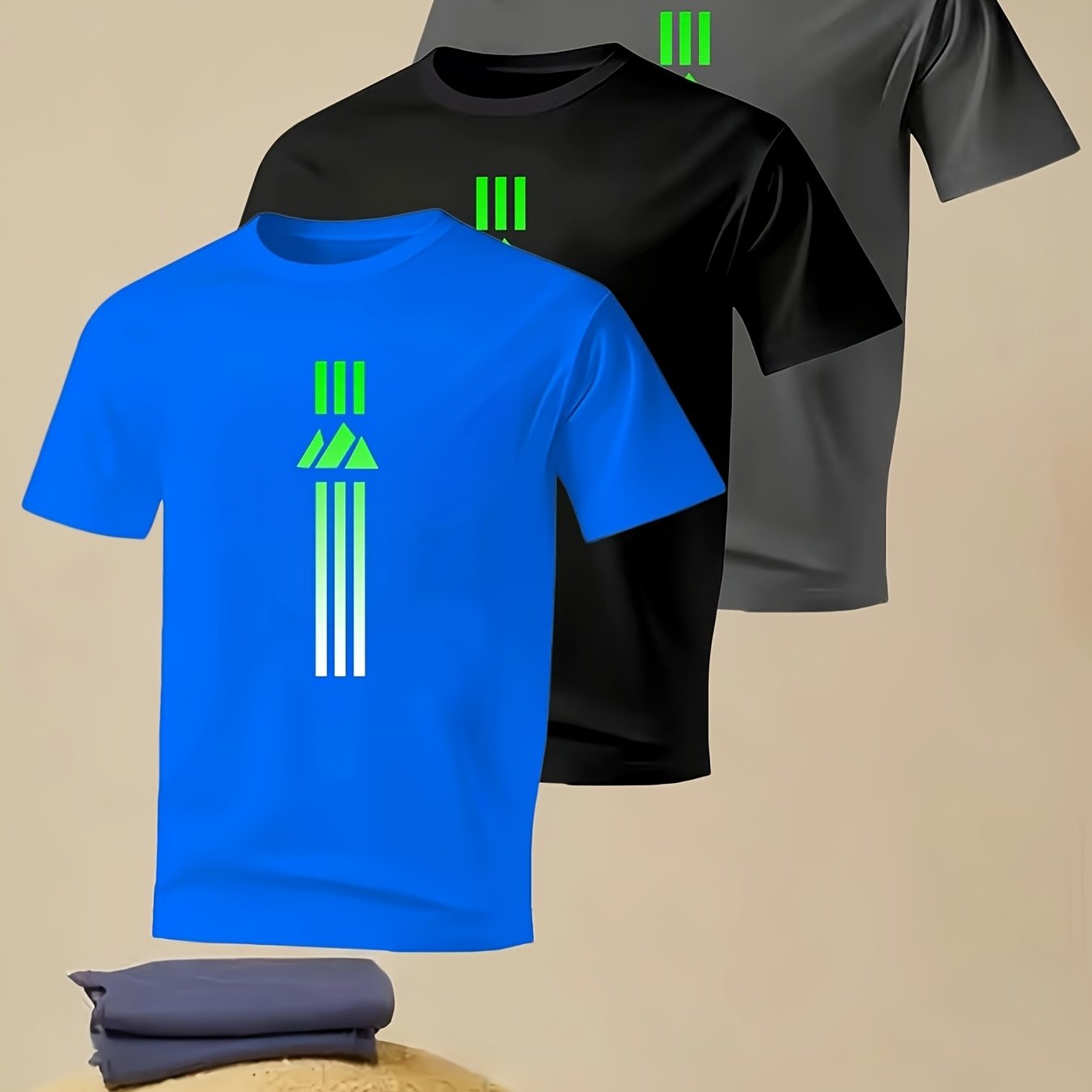 TEMU 3pcs Men's Athletic Short Sleeve T-shirt Set, Running T-shirt, Fashion Print Round Neck Short Sleeve Top, Wear