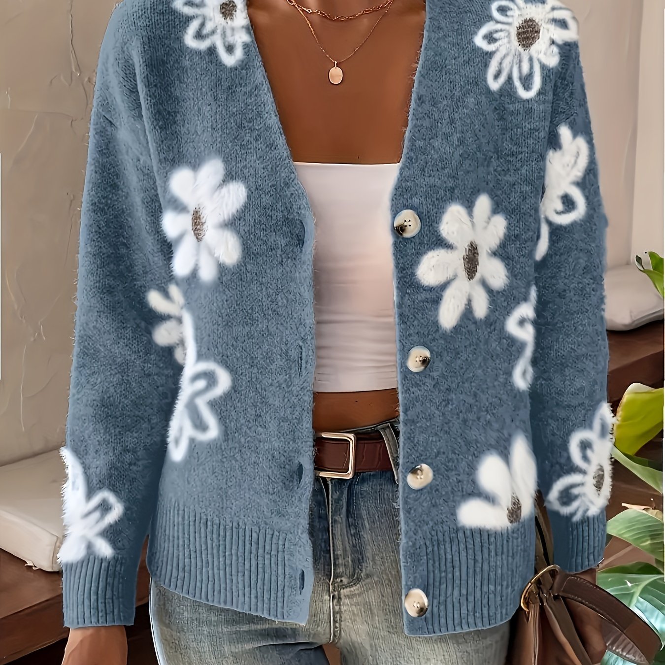 Women's Printed Button Cardigan V-neck Drooping Shoulder