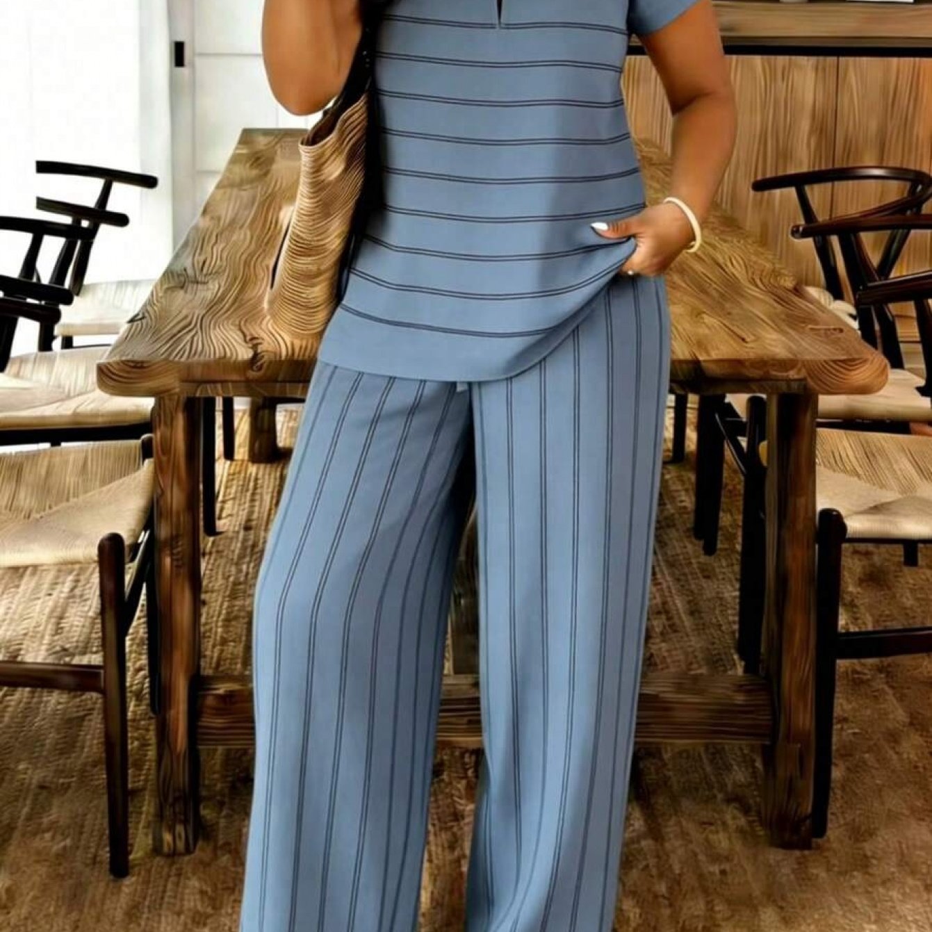 Image of Striped Print Women's Keyhole Collar Short Sleeve Pants Set, Fabric, Lightweight And Breathable, Women's Clothing, Regular Women's Clothing, Women's Set, Women'-piece Outfit