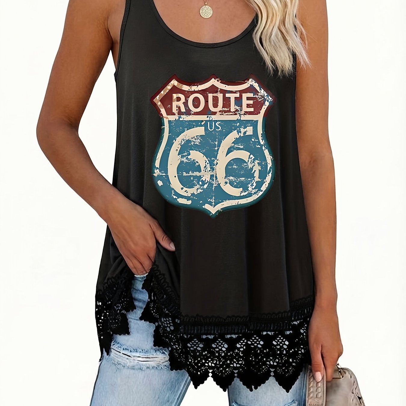 TEMU Plus Size - Plus Size - Plus Size Lace Trim Women's Round Neck Tank Top, And Flattering, Top