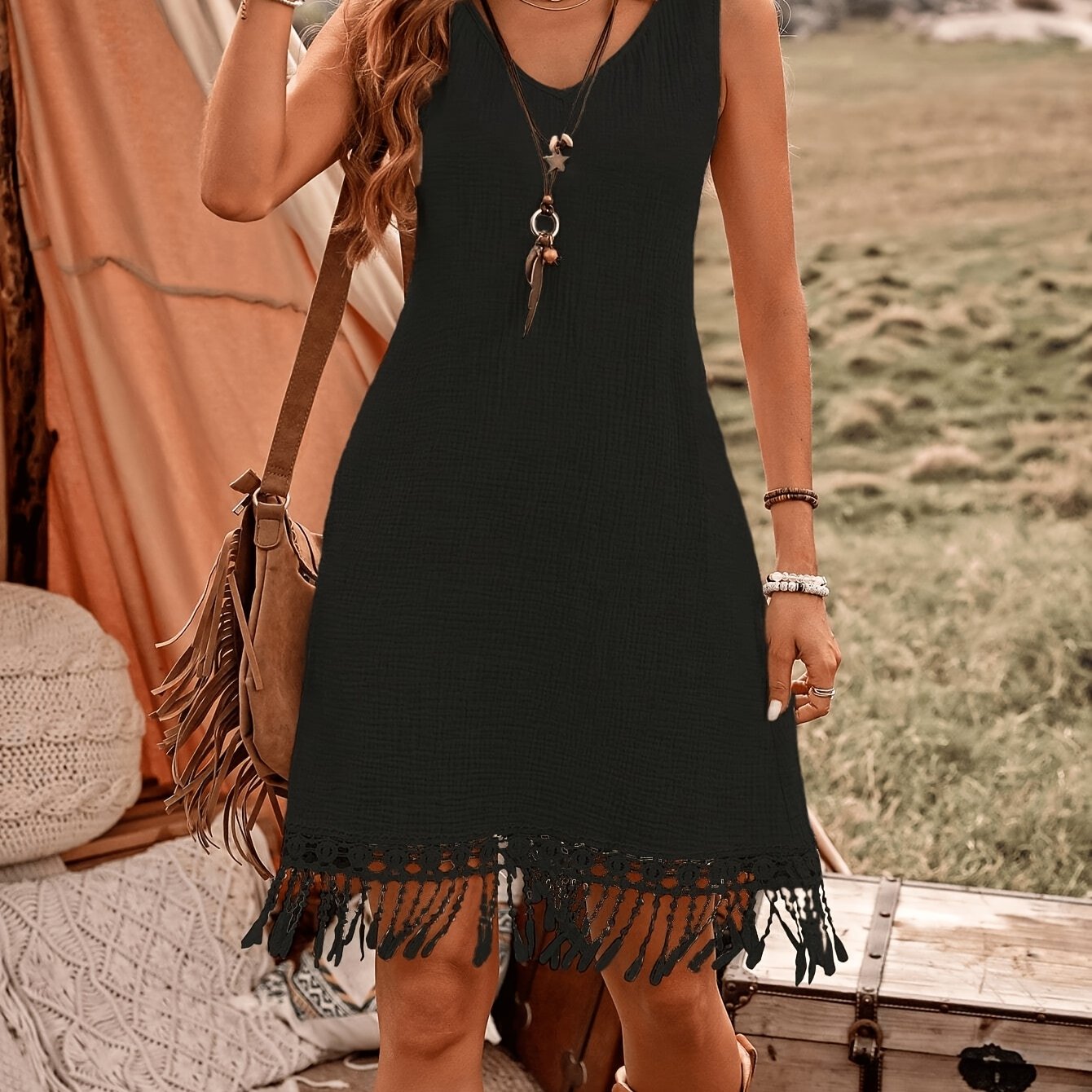Women's Bohemian Round Neck Sleeveless Back Hollow-out Easy Elegant White Midi Dress Vacation Beachwear Valentine's Day