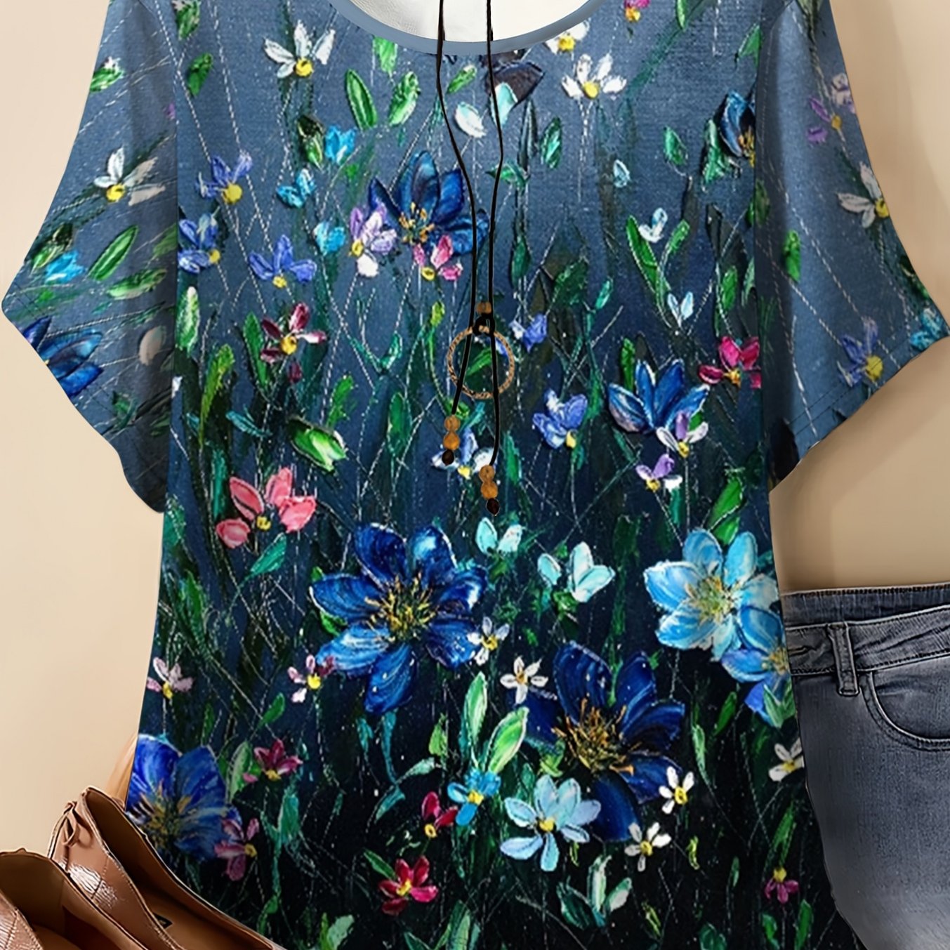 Plus Size, Plus Size Women's Clothing: Oil Painting Round Neck Loose T-shirt. Featuring A Gradient Dark , It Showcases A Richly Layered Oil Painting-style Pattern. Are Fresh And, An Vibe.
