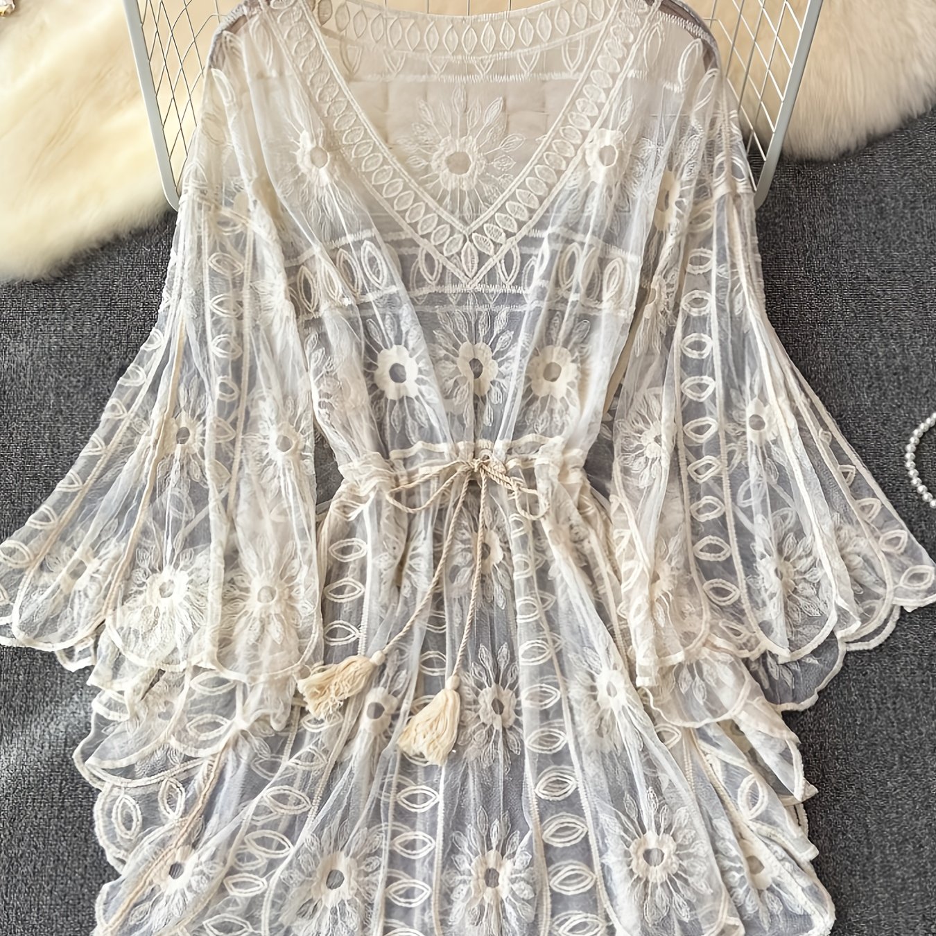 Image of Cover-up, Round Neck Design, Easy-to-wear Long Sleeves, Soft And Comfortable Structure, , Cute, And Stylish, Elegant Casual Vacation Pullover, Summer And Autumn Apparel, Clothing, Embroidered Cut-out