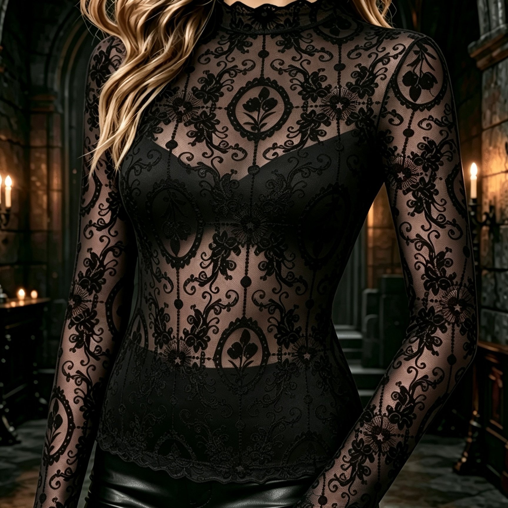 TEMU Plus Size, Autumn New Arrival: Gothic Style Women's Plus Size Fashionable And Versatile Semi-transparent Vintage Flocked Mesh Long Sleeve Top