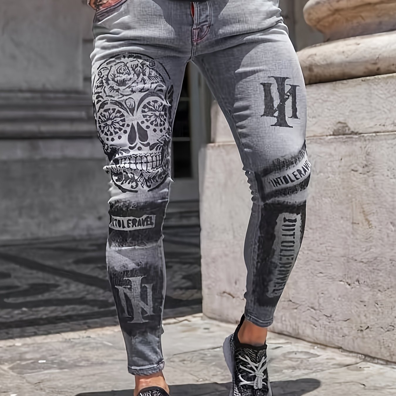 Image of New Arrival Men's Fashion Hip Hop Street Style Jeans, Printed Skinny Jeans, Stretch Washed Denim, Slim Fit, Vintage Casual All-match, Fashion Urban Style