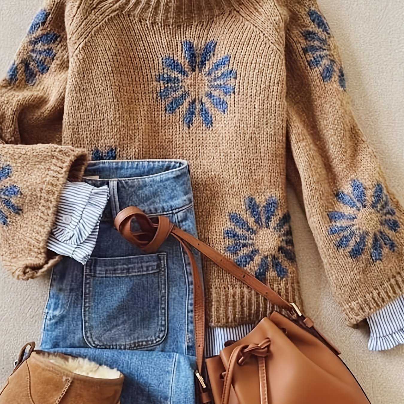 TEMU Pullover Sweater With Floral Ribbing, And Casual For Women, Suitable For Autumn And Winter