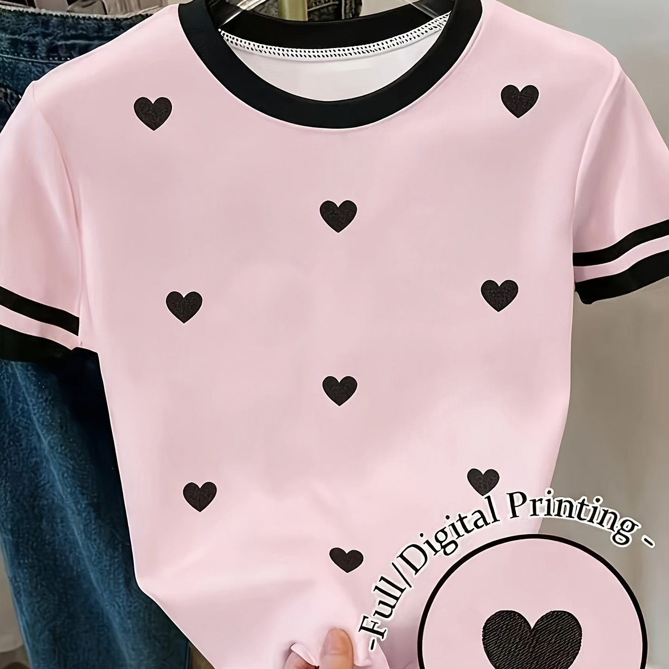 TEMU Heart Print Short Sleeve Women's Summer Casual Versatile Contrast T-shirt