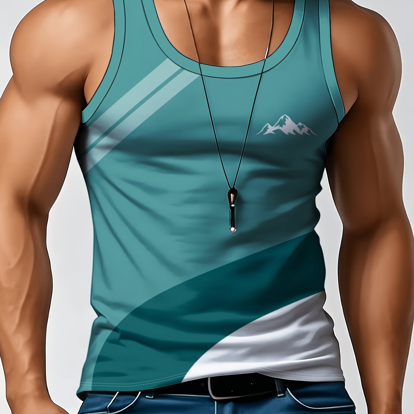 TEMU Men's Breathable Stretchable Shirt - Sleeveless Athletic Tank Top With Geometric Print, Non- Round Neck Gym Wear Suitable For Workout, Casual