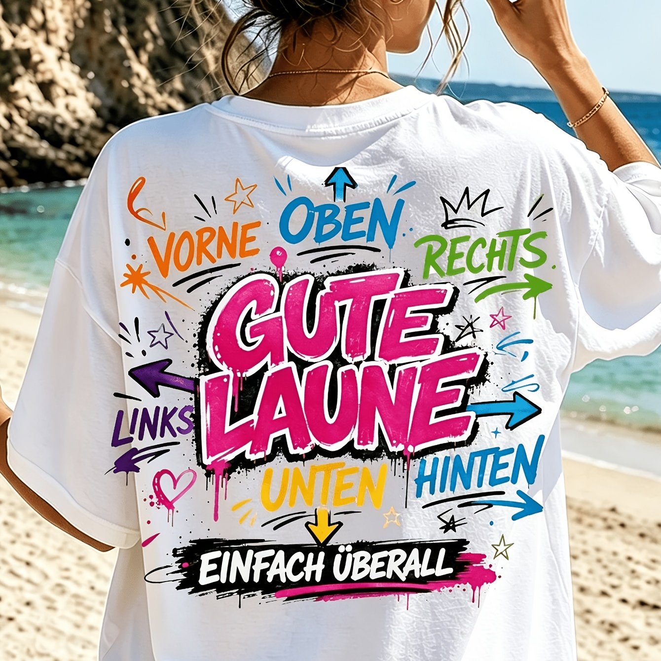 Image of Plus Size - Colorful Graffiti T-shirt With Slogan Casual Streetwear Top For Everyday & Women's T-shirt Back Print