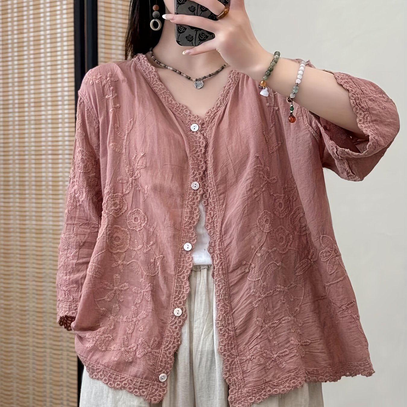 TEMU 25 Autumn/winter V-neck Double-sided Embroidery Women's Style Soft Versatile Shirt Cardigan Literary Shirt Top