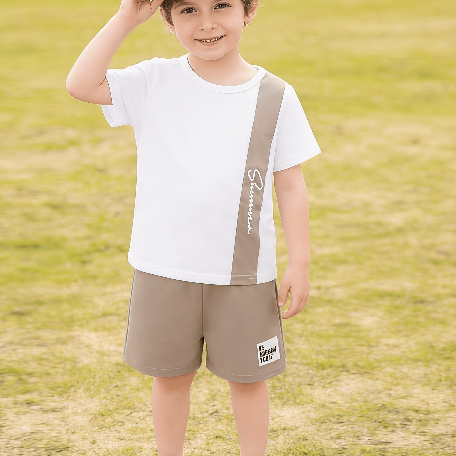 Boys' Shorts And T-shirt Set With Letter , Perfect For Outdoor