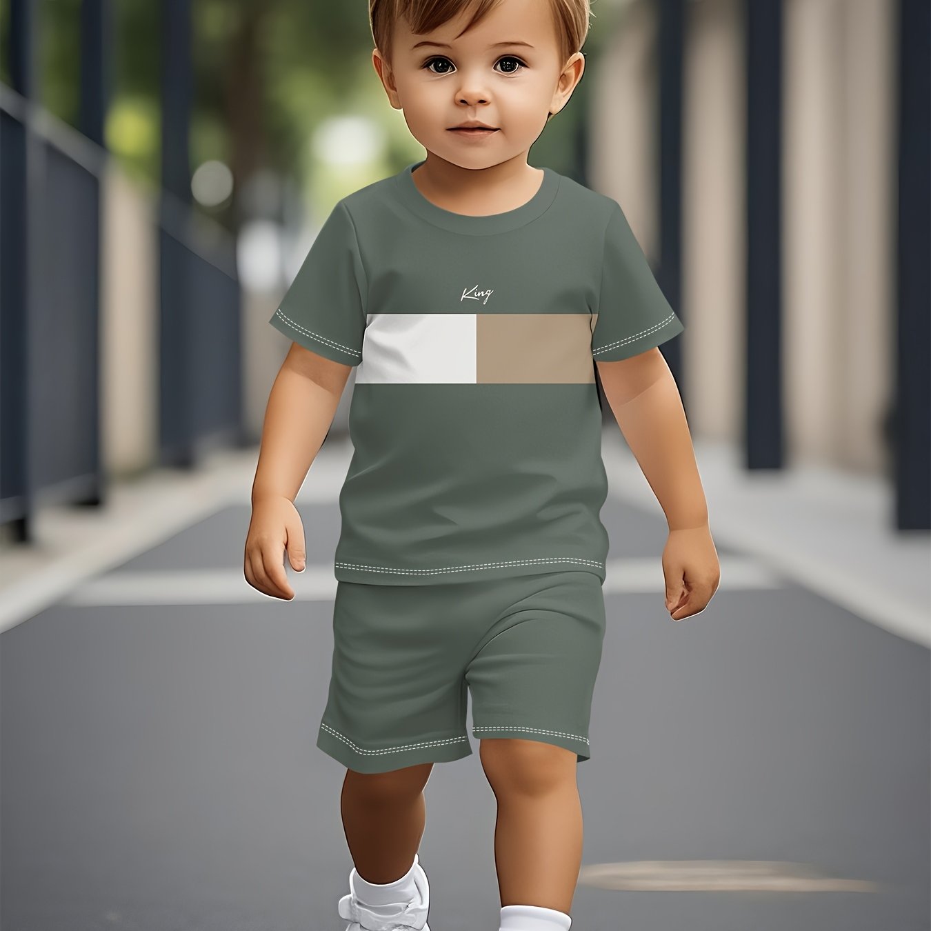 Image of Summer Short-sleeve Set For Boys, Featuring Trendy And Fashionable Double-color Checkered Pattern Print, And A Comfortable Short-sleeve Set, For Outdoor, Christmas, Halloween