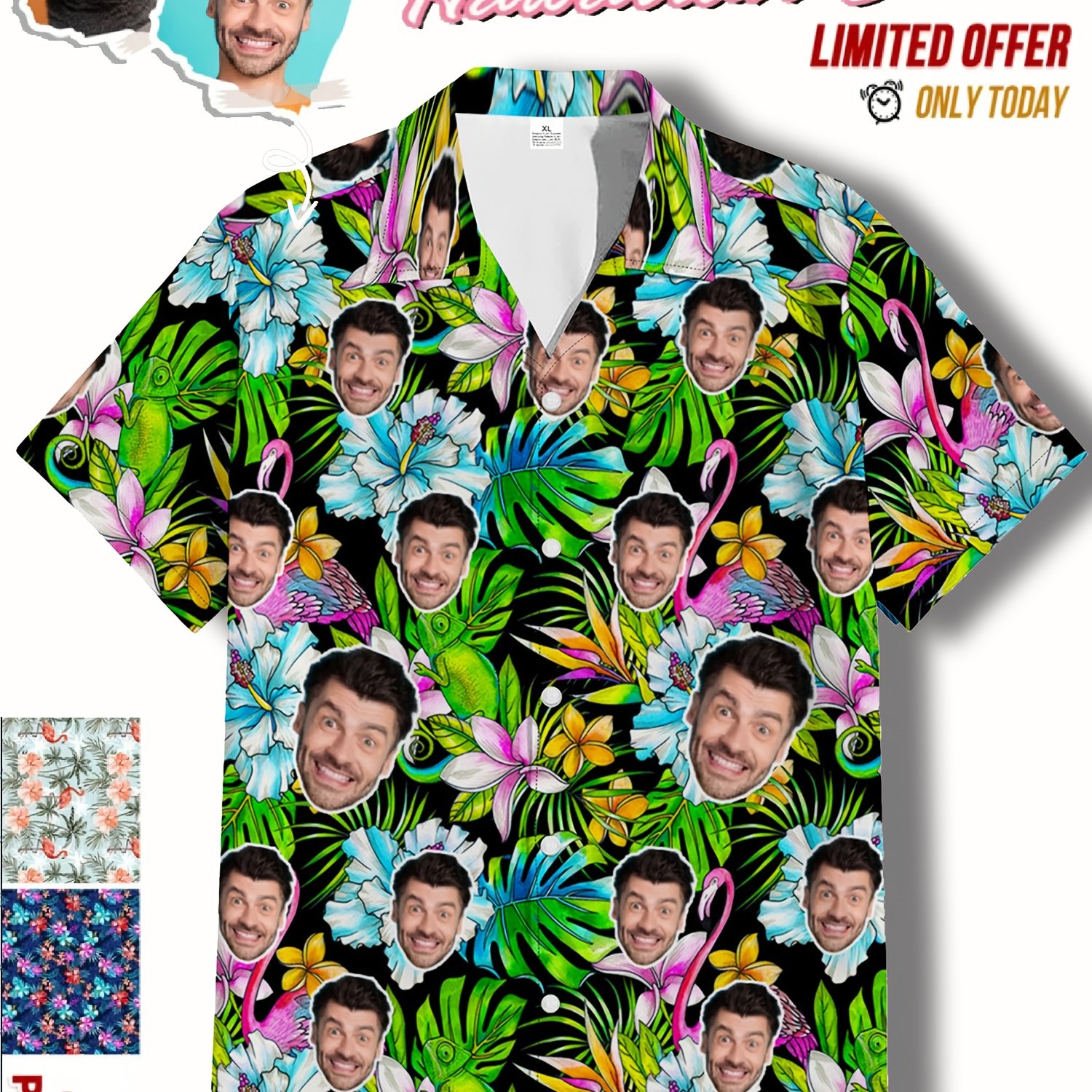 TEMU Custom Personalized Photo Hawaiian Shirt | Face Holiday Tropical Pattern, Casual Lapel Collar, Slight Stretch Fabric, Summer Season, Button