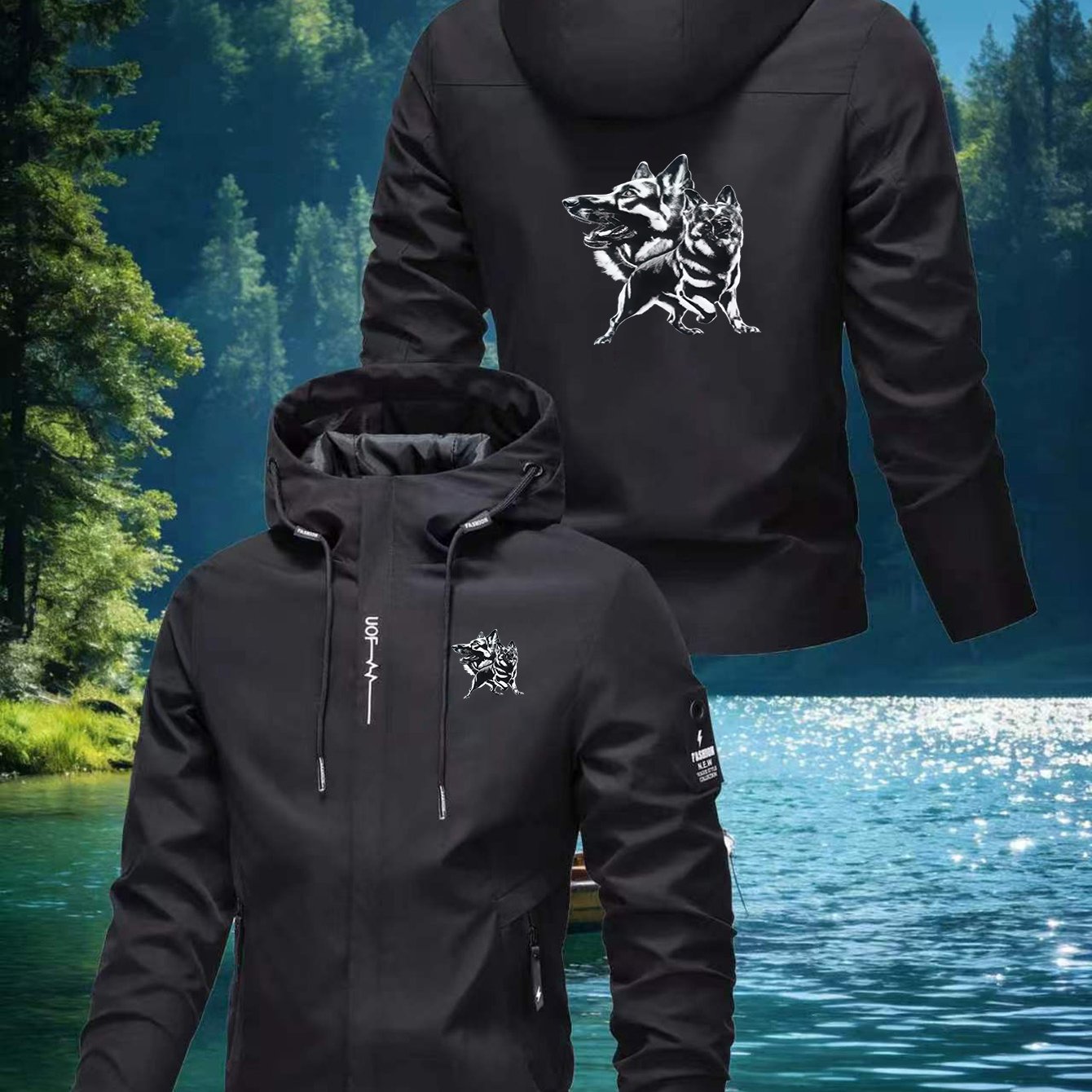 TEMU 2d 2026 Men's Outdoor Windbreaker Jacket With German Shepherd Print, Windproof, High Quality, And Wear-resistant Mountain Climbing Apparel,