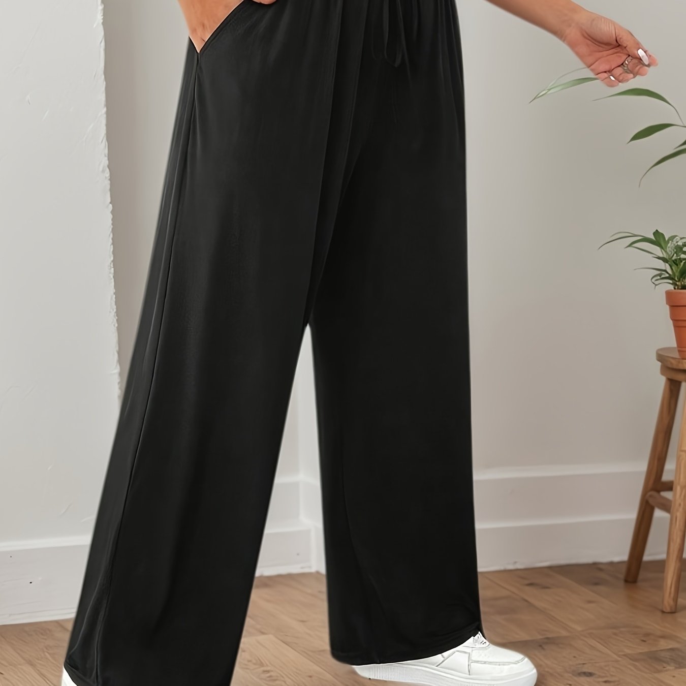 E-shop Plus Size - Plus Size - Elegante Damenhose in Unifarben mit weitem Bein, lässige Frühlings- und Sommerhose mit Kordelzug