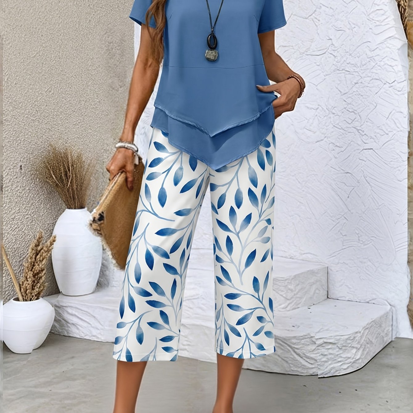 womens casual solid short sleeve top and floral print capri pants