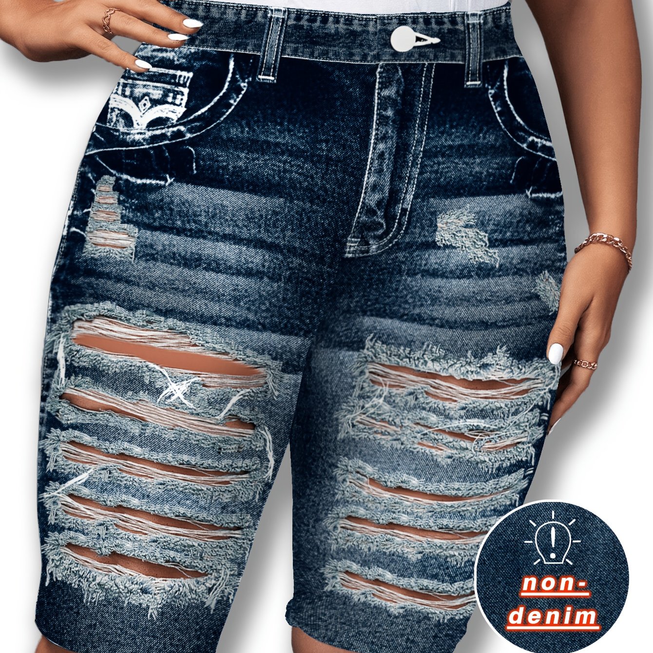 TEMU Women's Casual, Versatile Distressed, Ripped, Printed Denim-style Cropped Pants With An Elastic Waistband For A Effect