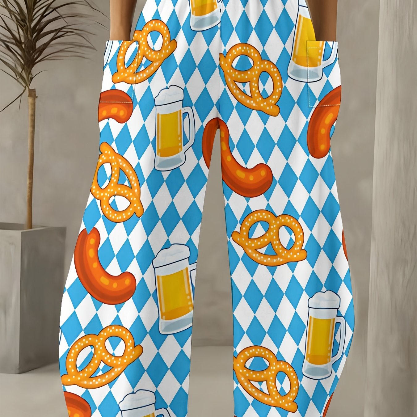 TEMU Plus Size - Plus Size - Women's Casual Wide-leg Pants Feature A Check Pattern Combined With Beer And Pretzel Prints, A Festive Vibe. The Loose