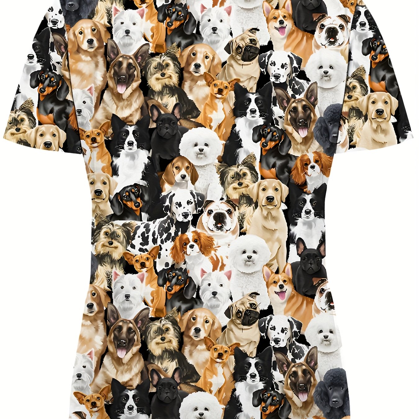 TEMU Plus Size, Full-body Printed Puppy Pattern, Double-pocket Women's Uniform - Comfortable Breathable T-shirt, Suitable For Hospitals, Dental , And